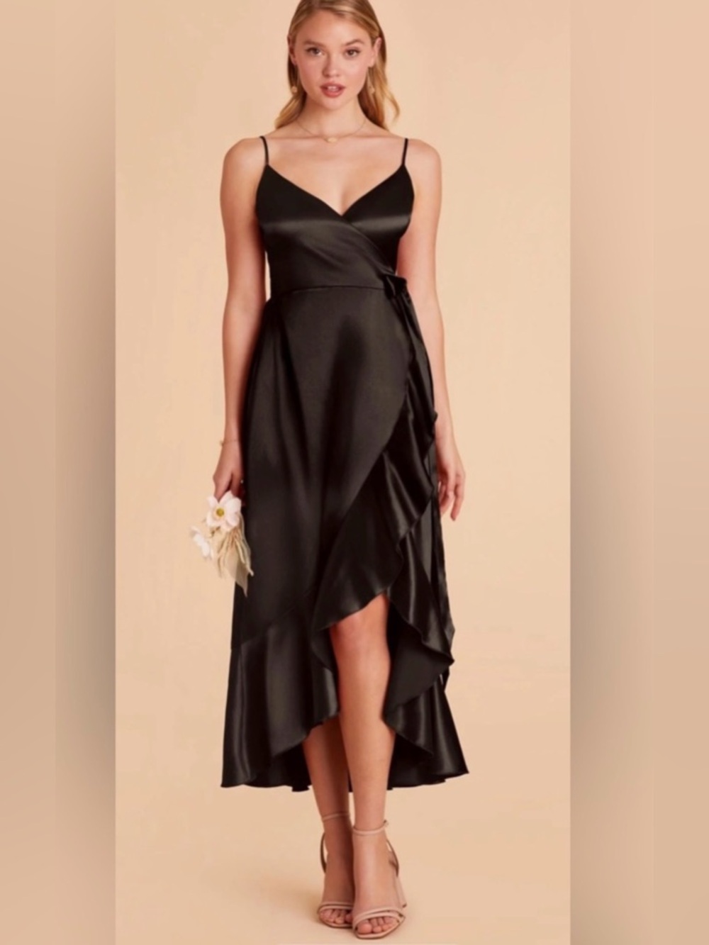 Birdy Grey YC Midi Dress Black Shiny Satin Cocktail Prom Wedding Guest Date XS